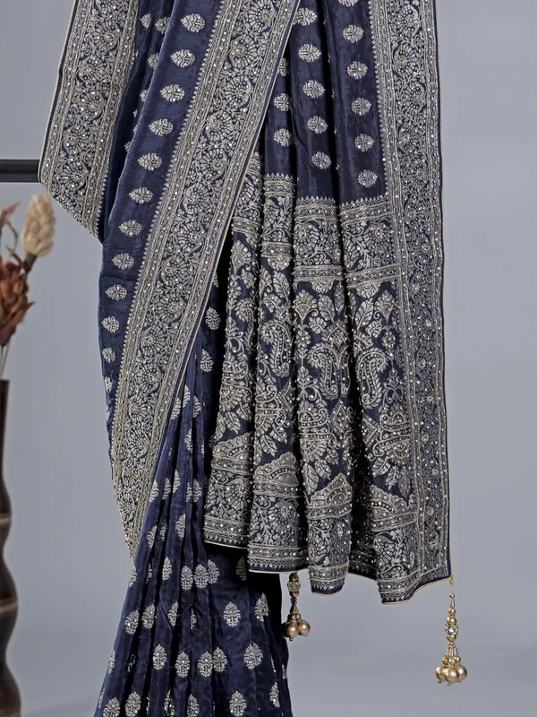 Navy silk saree with heavy work