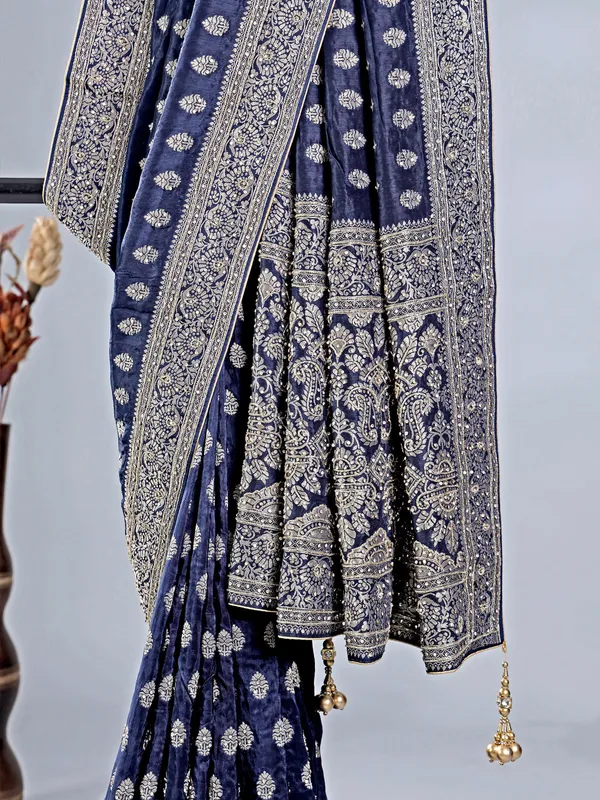Navy silk saree with heavy work