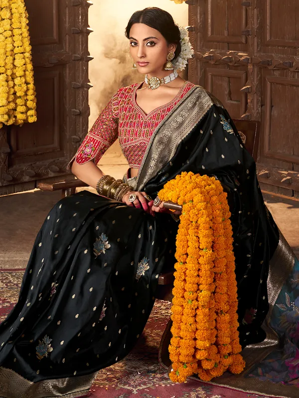 Navy silk saree with red blouse