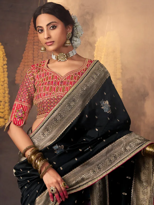 Navy silk saree with red blouse