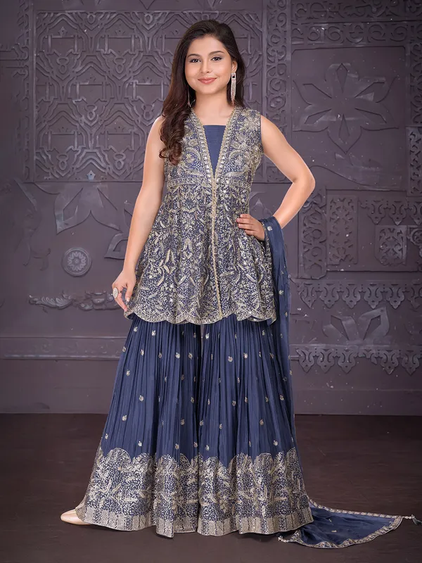 Navy silk sleeveless sharara suit for wedding wear