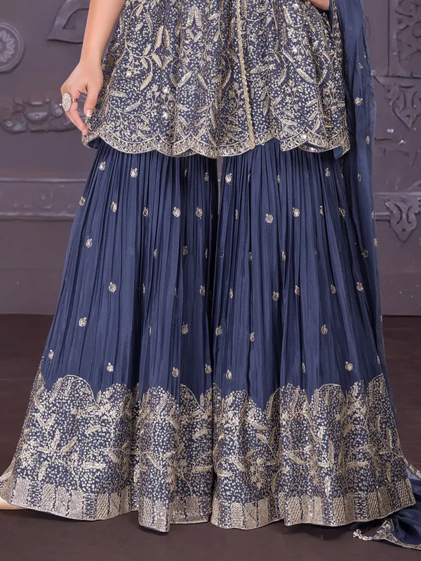 Navy silk sleeveless sharara suit for wedding wear