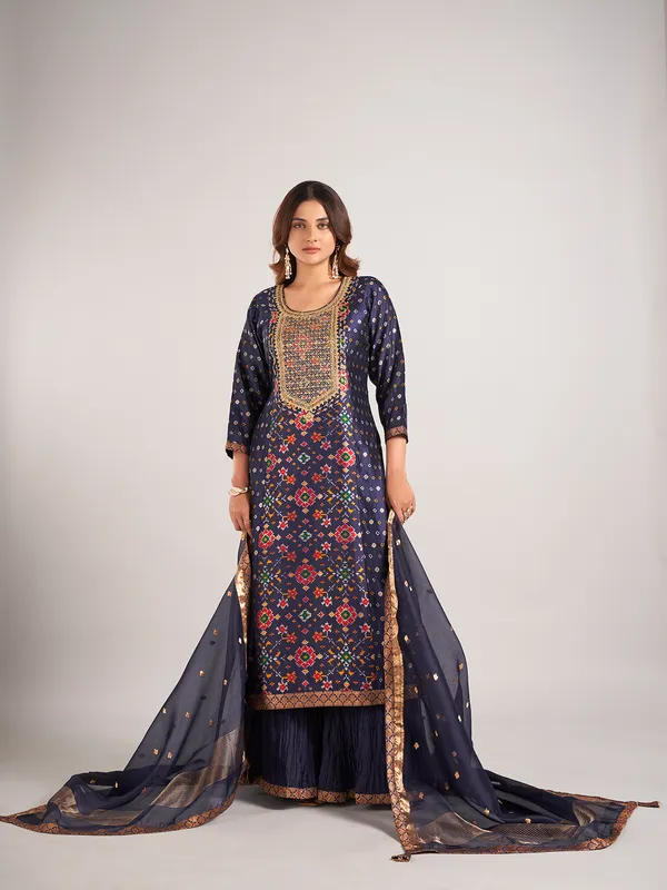 Navy silk wedding wear sharara suit with dupatta