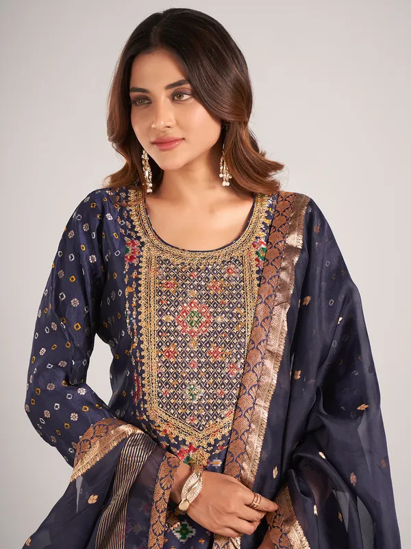 Navy silk wedding wear sharara suit with dupatta