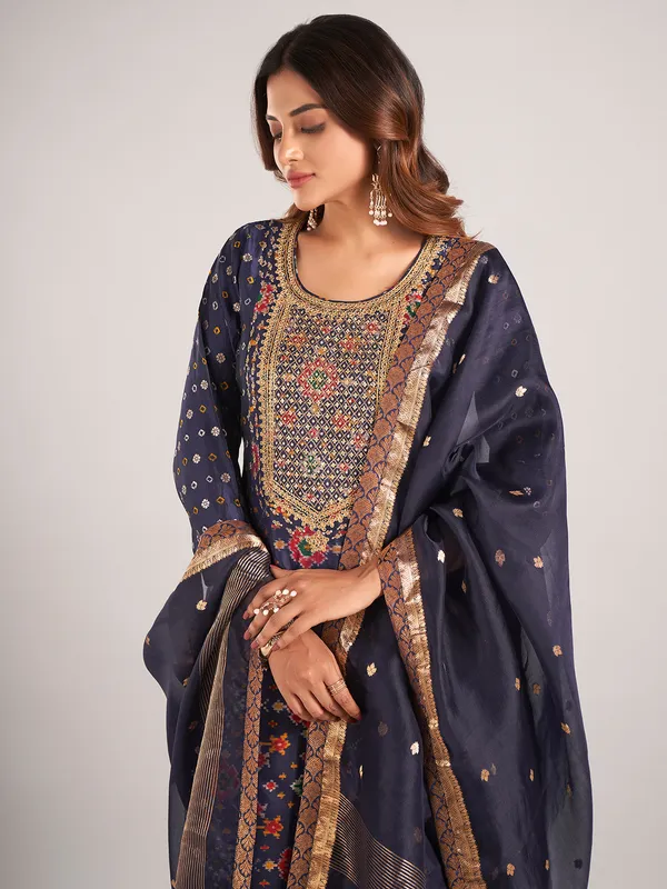 Navy silk wedding wear sharara suit with dupatta