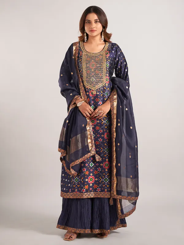 Navy silk wedding wear sharara suit with dupatta