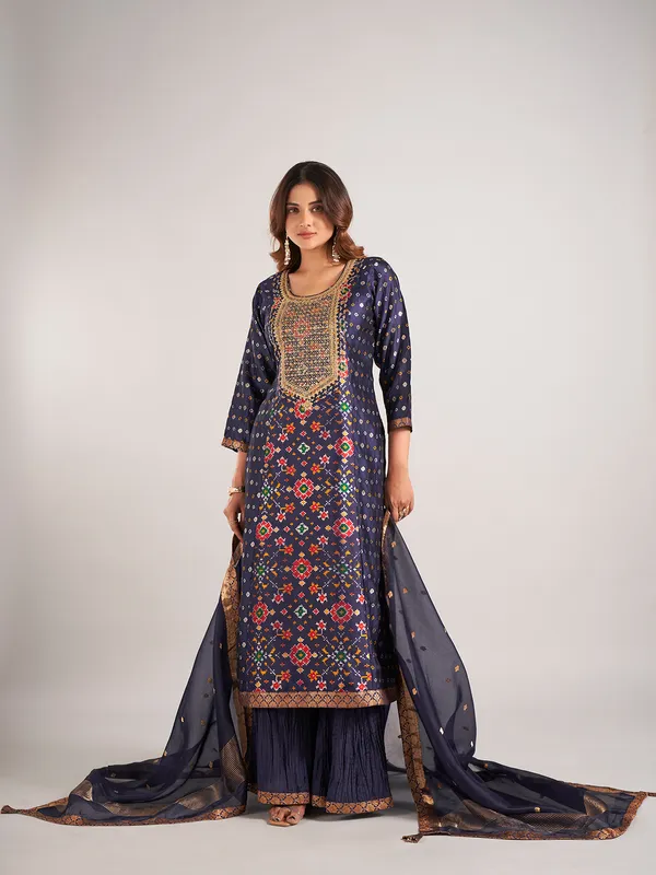 Navy silk wedding wear sharara suit with dupatta