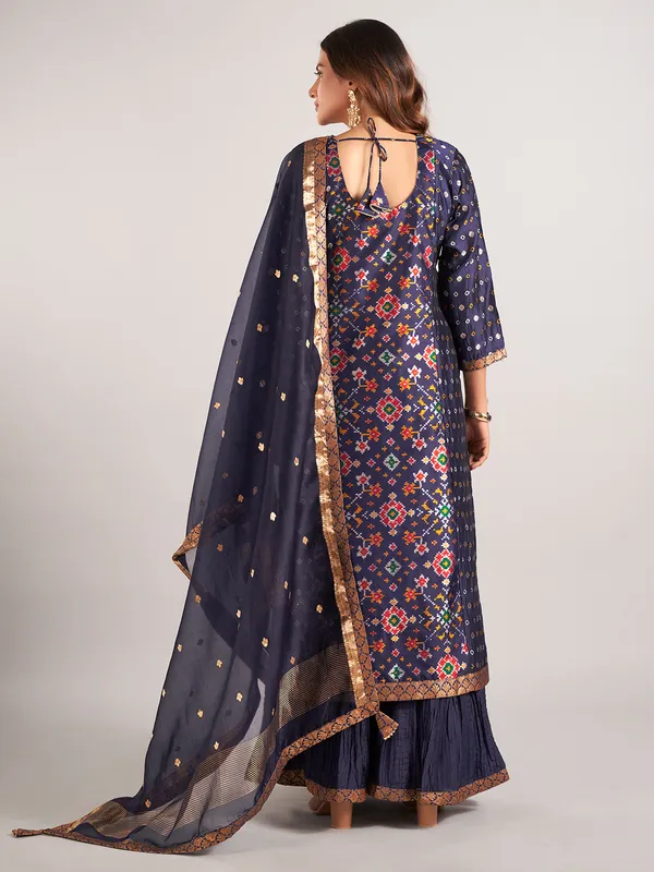 Navy silk wedding wear sharara suit with dupatta