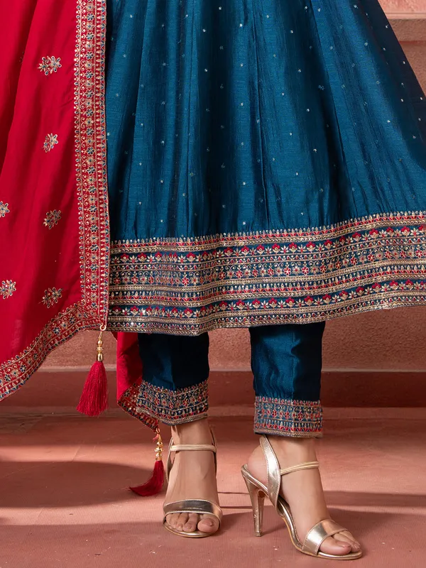 Navy silk women salwar suit with contrast red dupatta
