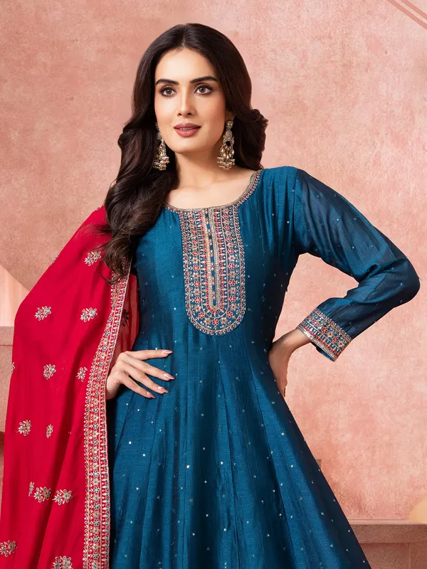 Navy silk women salwar suit with contrast red dupatta