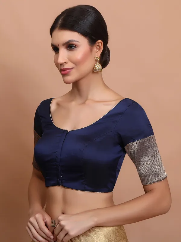 Navy silk zari weaving round neck ready made blouse