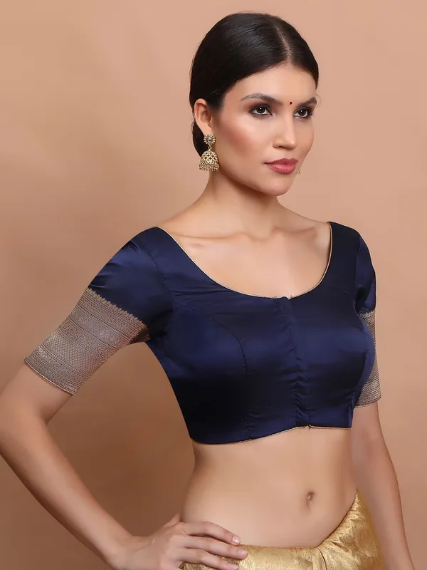 Navy silk zari weaving round neck ready made blouse