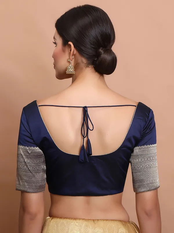 Navy silk zari weaving round neck ready made blouse