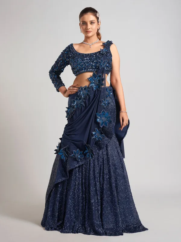 Navy soft net Party lehenga choli with attetched dupatta