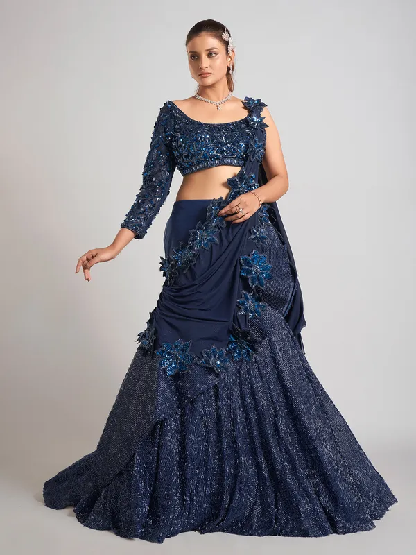 Navy soft net Party lehenga choli with attetched dupatta