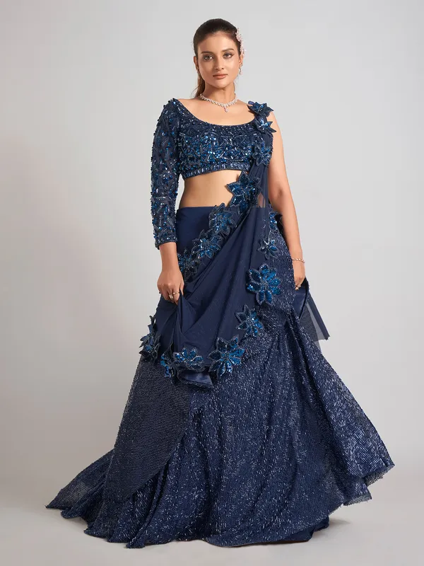 Navy soft net Party lehenga choli with attetched dupatta