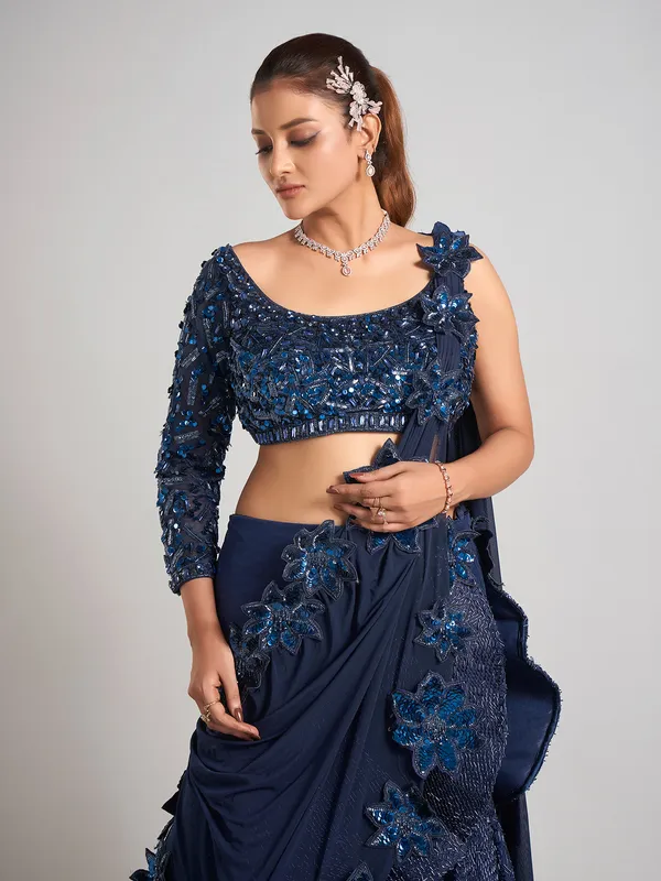 Navy soft net Party lehenga choli with attetched dupatta