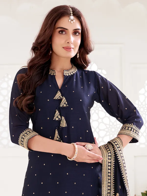 Navy straight cut silk salwar suit with dupatta