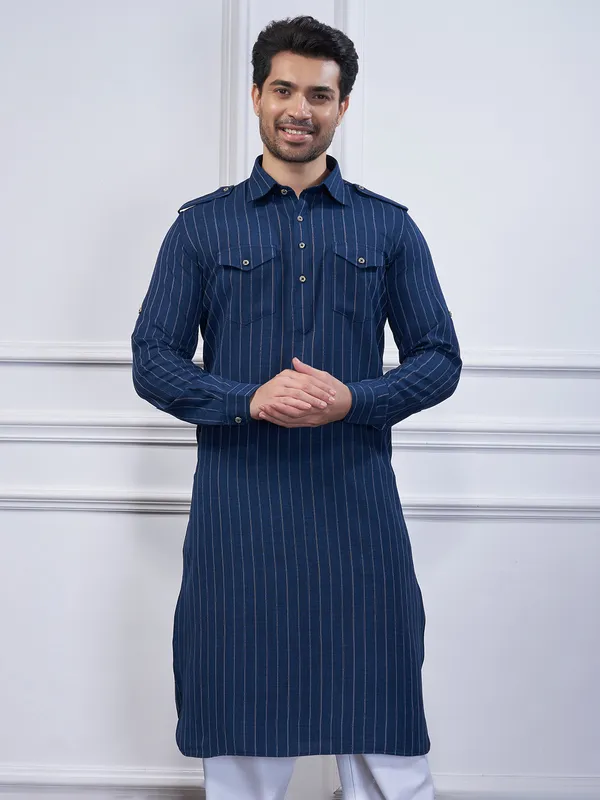 Navy stripe cotton pathani suit for men