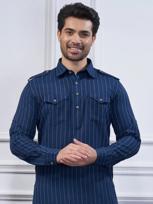 Navy stripe cotton pathani suit for men