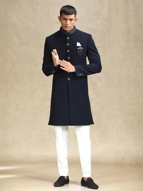 Navy subtle solid terry rayon indo western