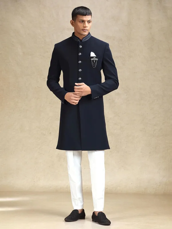 Navy subtle solid terry rayon indo western