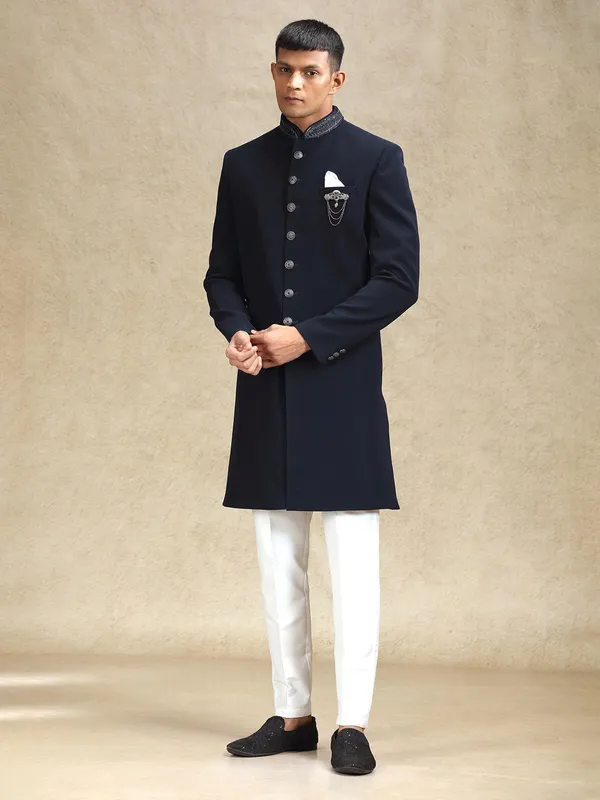 Navy subtle solid terry rayon indo western