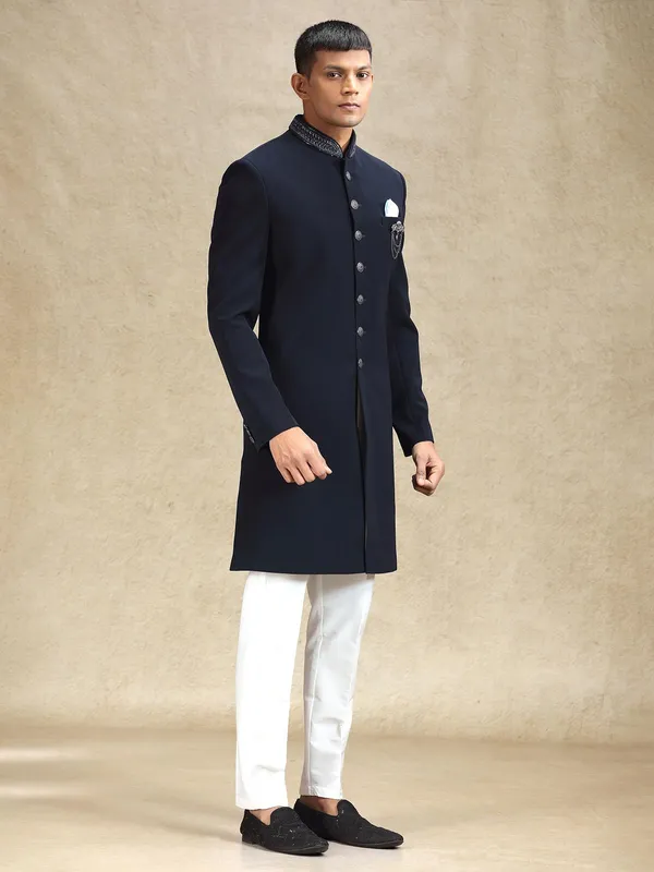Navy subtle solid terry rayon indo western