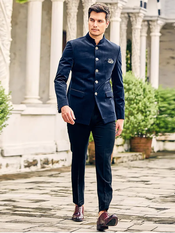 Navy suede jodhpuri suit for reception