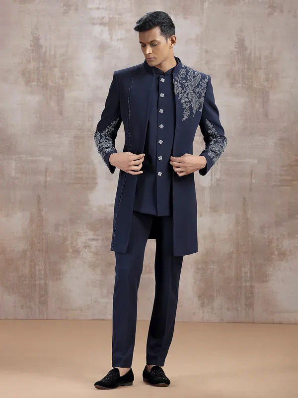 Navy terry rayon indo western with jacket style
