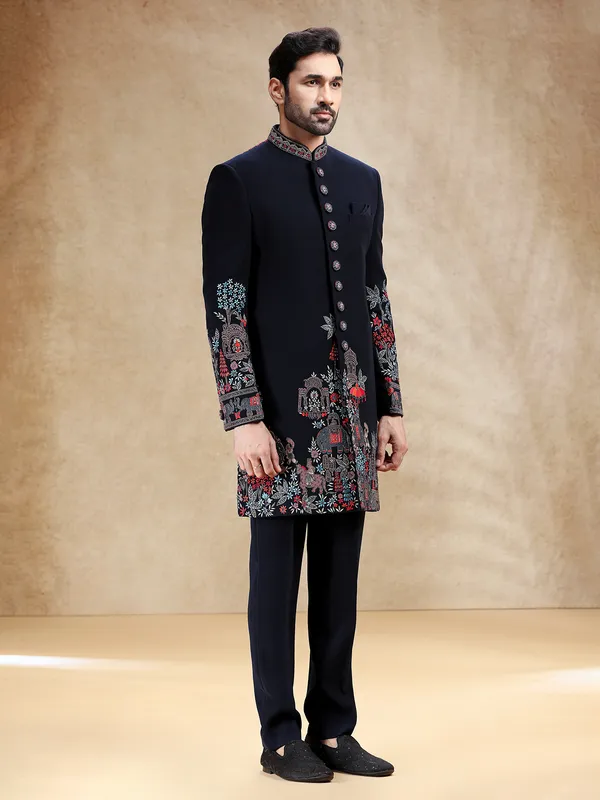 Navy terry rayon indowestern set with attractive work