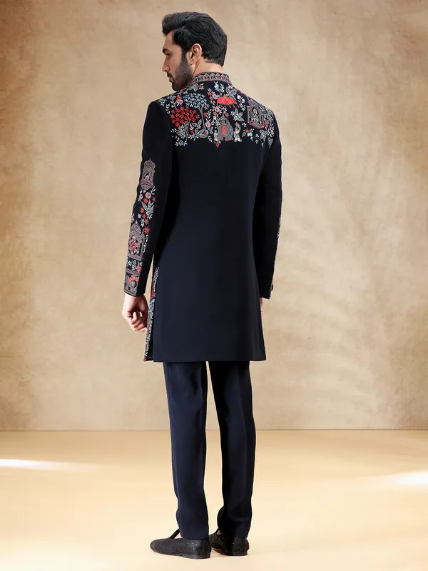 Navy terry rayon indowestern set with attractive work
