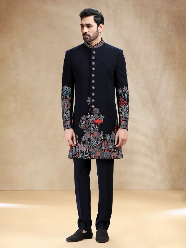 Navy terry rayon indowestern set with attractive work