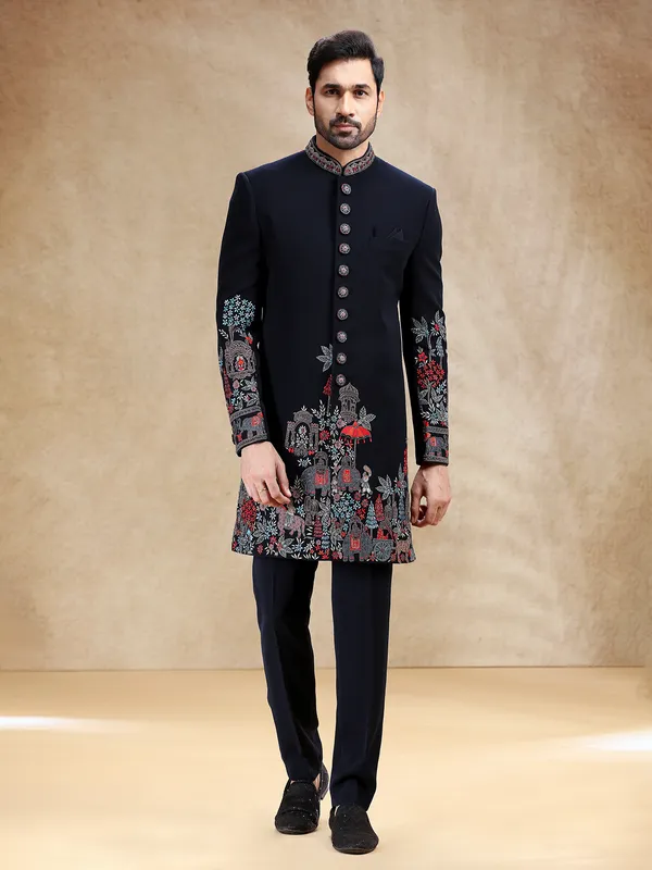 Navy terry rayon indowestern set with attractive work