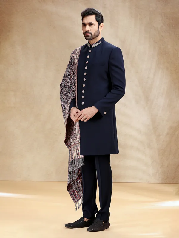 Navy terry rayon indowestern set with dupatta