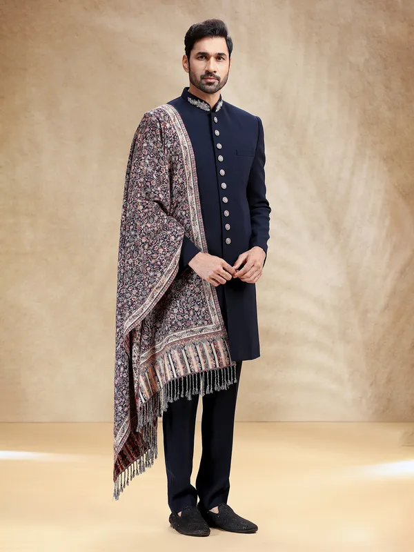 Navy terry rayon indowestern set with dupatta