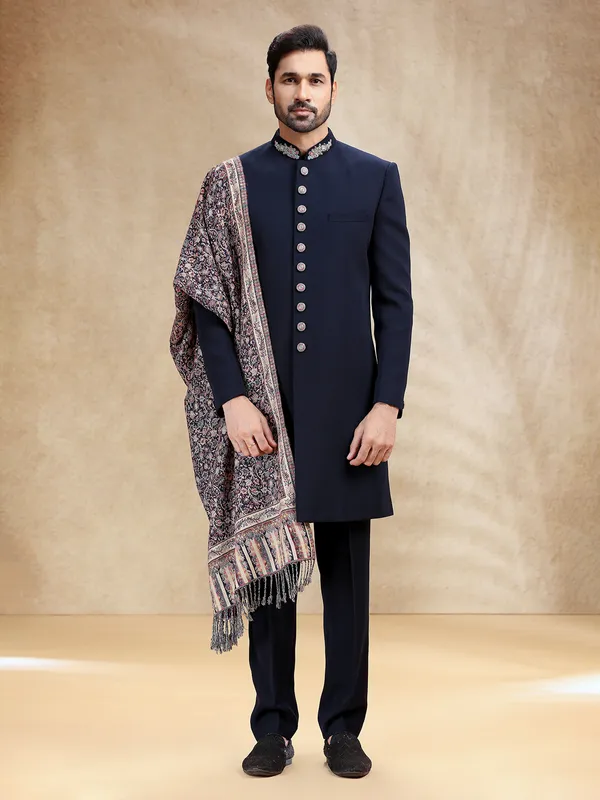 Navy terry rayon indowestern set with dupatta