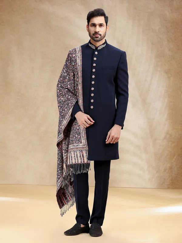 Navy terry rayon indowestern set with dupatta