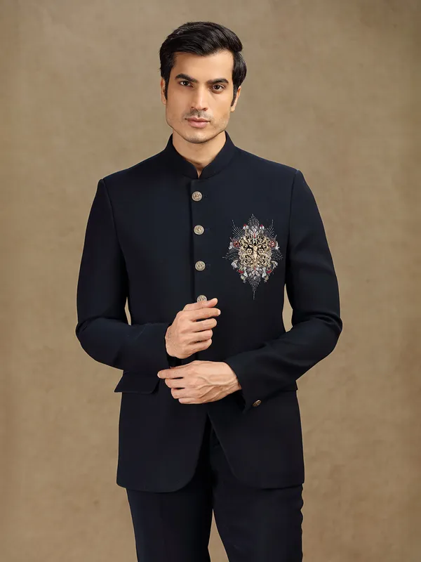 Navy terry rayon jodhpuri suit for receptions