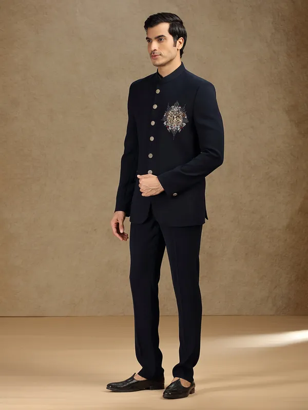 Navy terry rayon jodhpuri suit for receptions