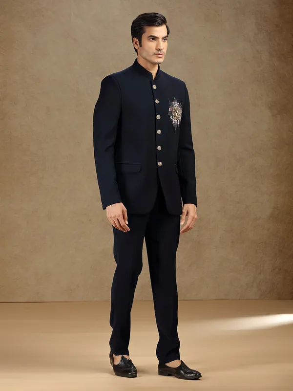 Navy terry rayon jodhpuri suit for receptions