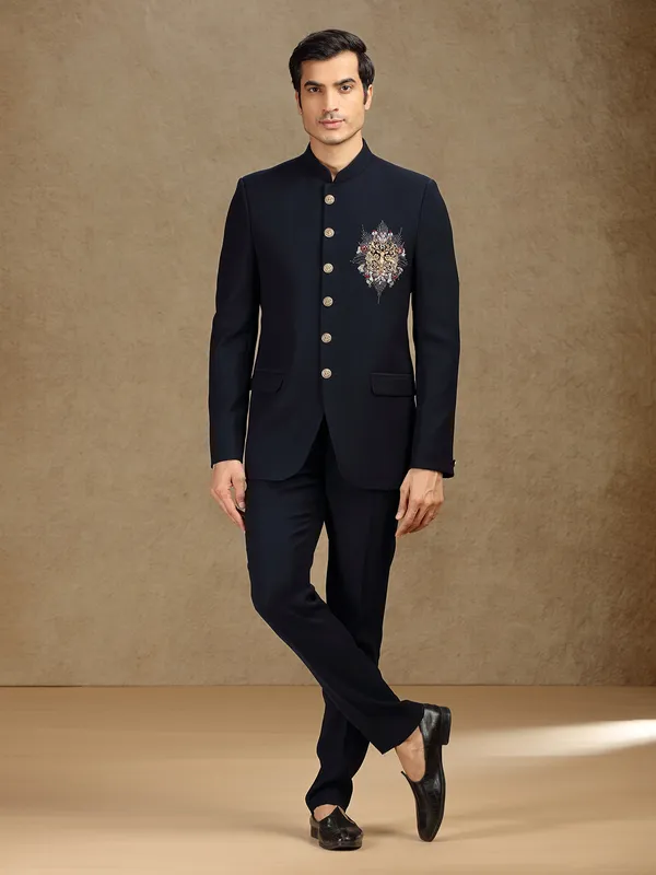 Navy terry rayon jodhpuri suit for receptions