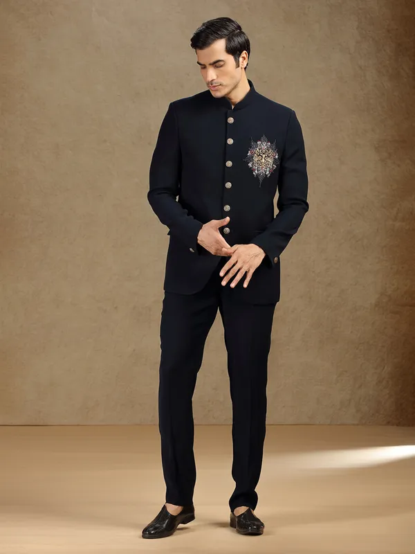 Navy terry rayon jodhpuri suit for receptions