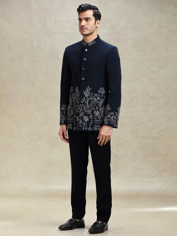 Navy terry rayon jodhpuri suit in crystal work