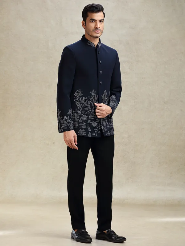 Navy terry rayon jodhpuri suit in crystal work