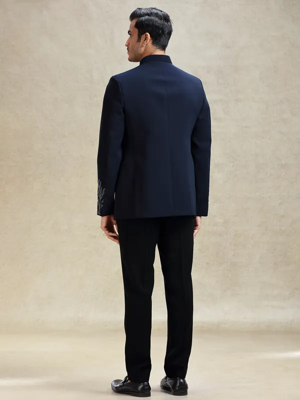 Navy terry rayon jodhpuri suit in crystal work