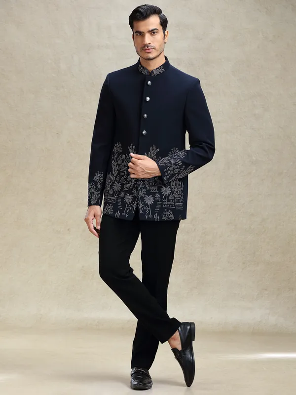 Navy terry rayon jodhpuri suit in crystal work