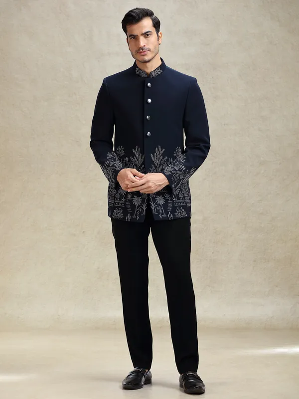 Navy terry rayon jodhpuri suit in crystal work