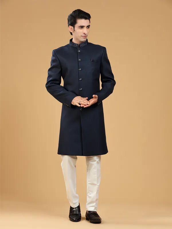 Navy terry rayon light embroidery indowestern