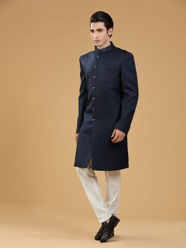Navy terry rayon light embroidery indowestern